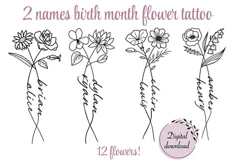 2 Names Birth Month Flowers Tattoo Art Couple Family Personalized