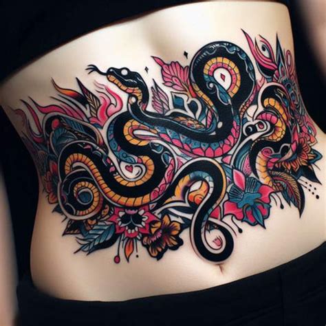 A Person With A Tattoo On Their Stomach And A Snake On The Back Of His Leg