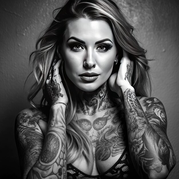 A Woman With A Butterfly Tattoo On Her Arm And Half Moon Behind Her