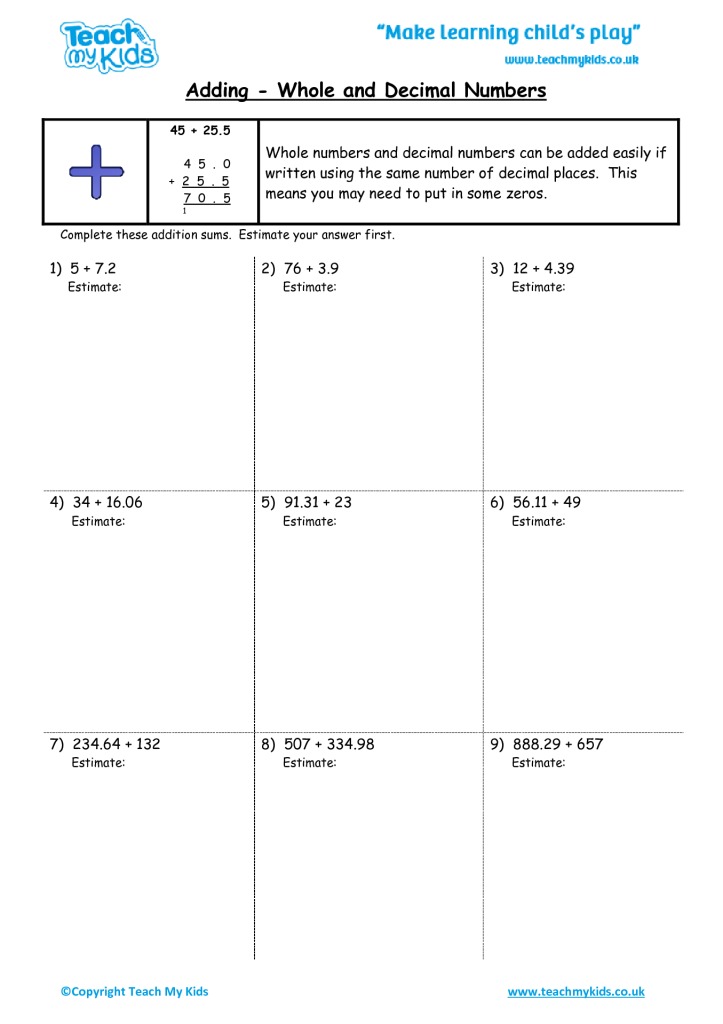 Adding With Whole Numbers Free Worksheets Printable