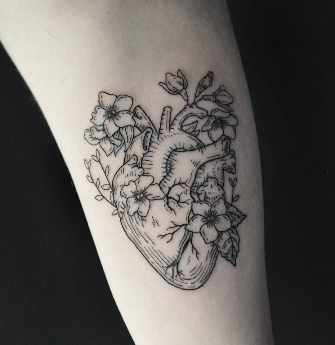 Anatomical Heart Tattoo With Flowers Design Ideas