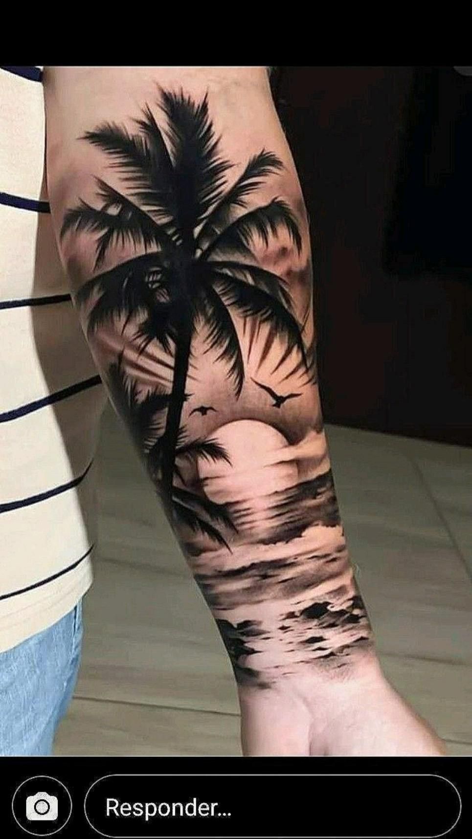 Beach Tattoo Sleeve By Ikova Tattoo Forearm Band Tattoos Palm Tattoos Sunset Tattoos