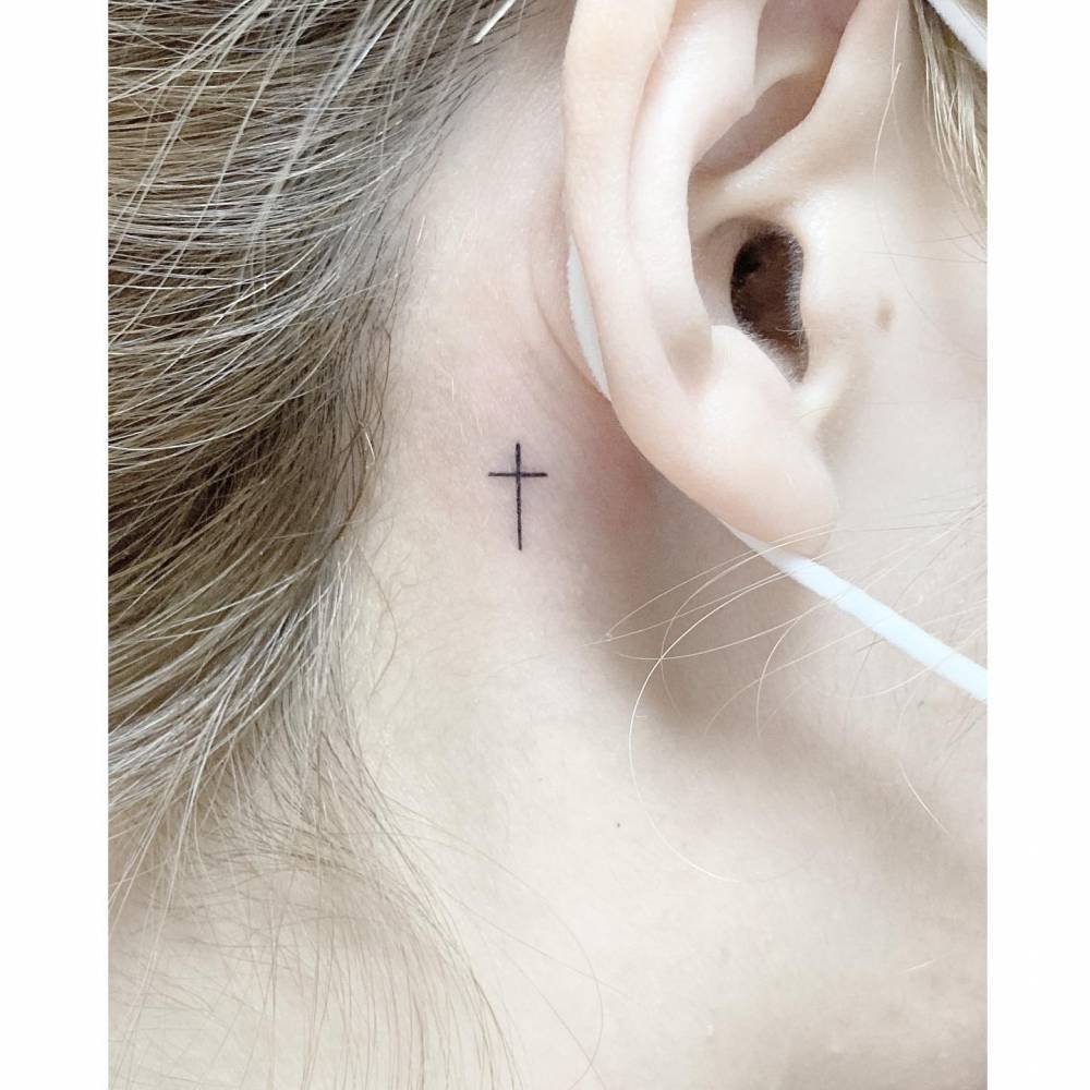 Behind The Ear Cross Tattoos