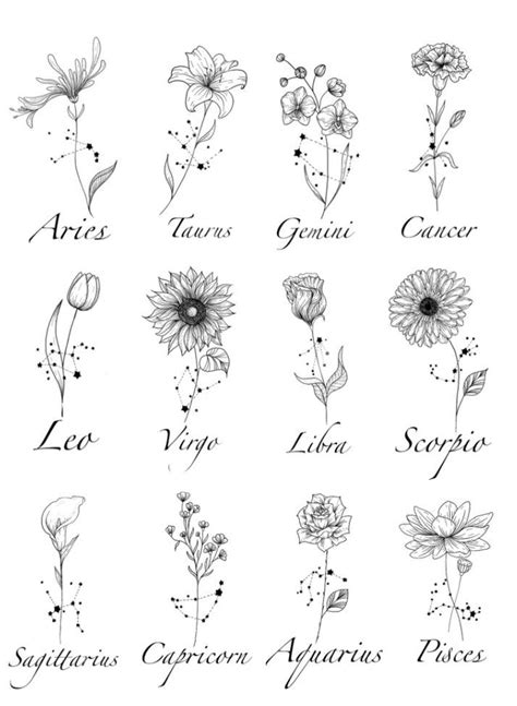 Birth Flower And Zodiac Sign Tattoo