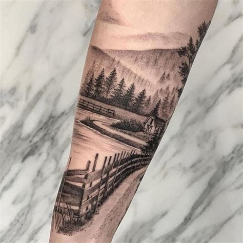 Black And Gray Sleeve Realistic Landscape Tattoo Design For Men Country