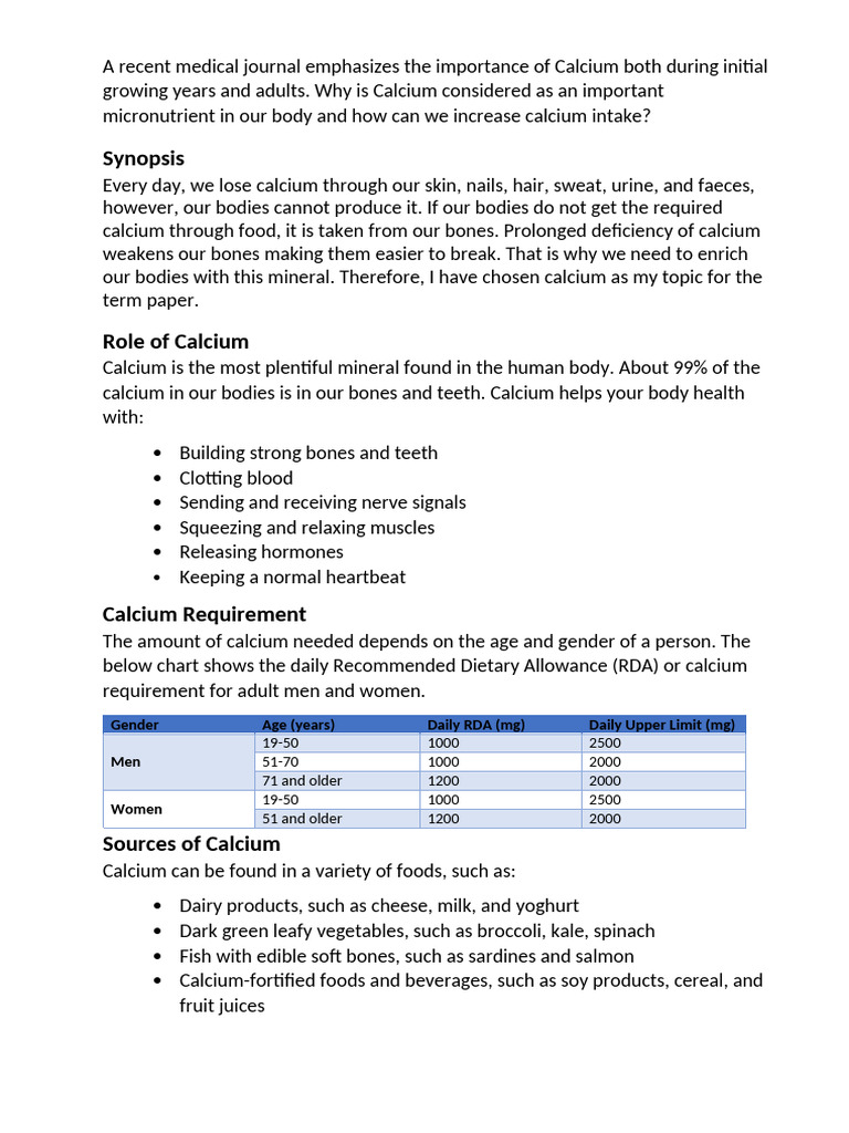 Calcium Is The Most Abundant Micronutrient In Our Body Adults Need At