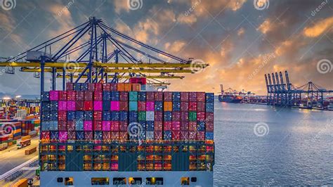Container Cargo Ship At Industry Sea Port Import Export Commerce