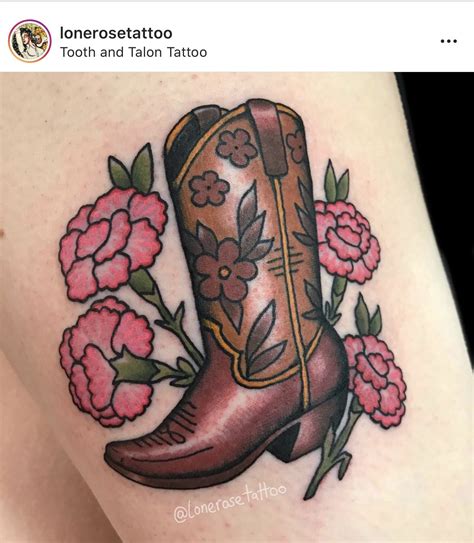 Cowboy Boot And Flowers Thigh Tattoo