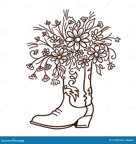 Cowboy Boot With Flowers Isolated On A White Background Sketch Hand