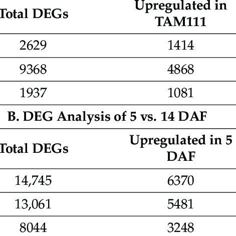 Deg Statistics Of Tam111 Vs Tam112 A And 5 Daf Vs 14 Daf B Degs
