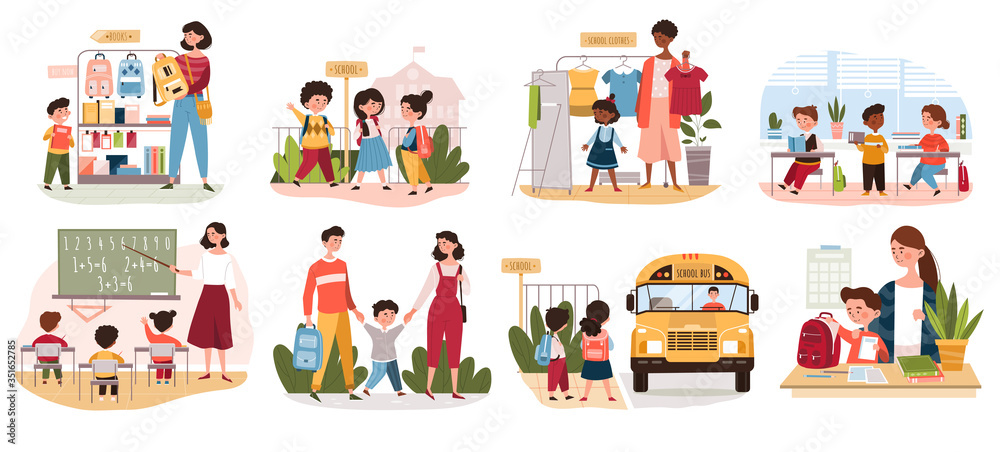 Eight Different Back To School Scenarios Stock Vector Illustration Of