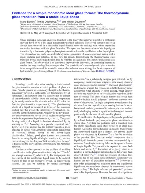 Evidence For A Simple Monatomic Ideal Glass Former The Thermodynamic