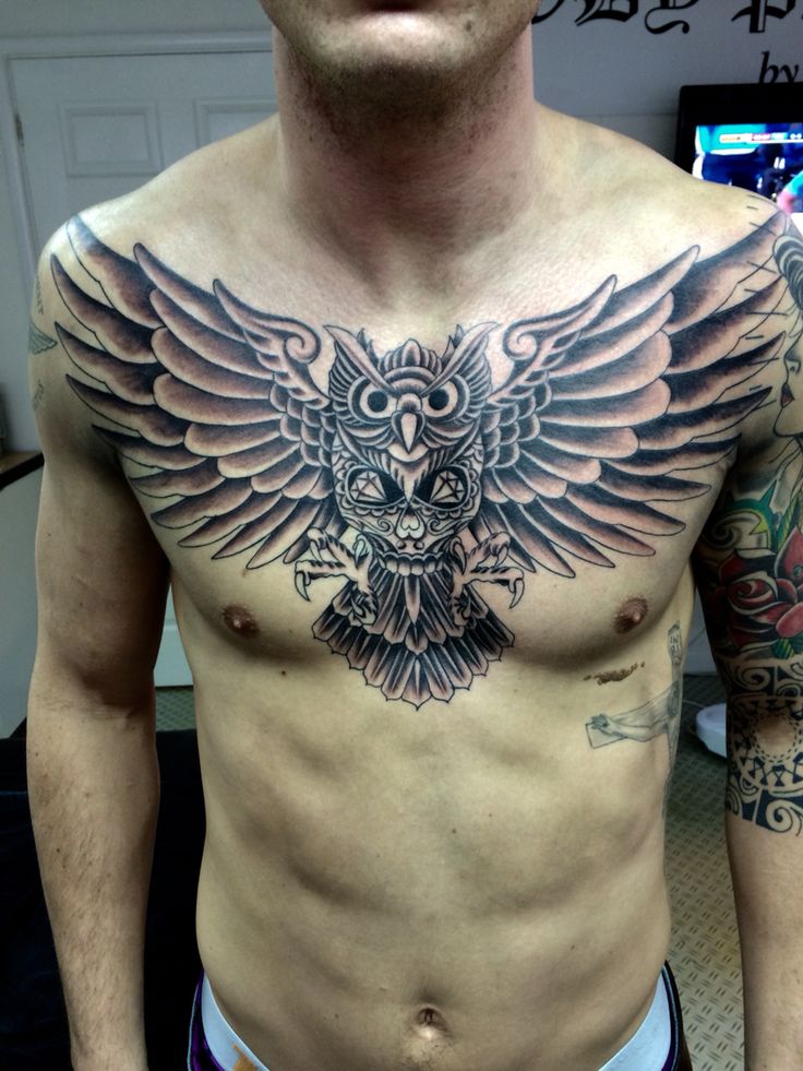 Flying Owl Tattoos On Chest