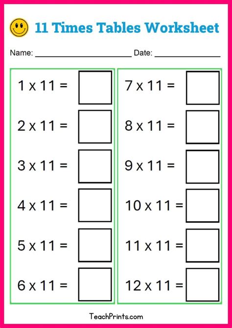Free 11 Times Tables Worksheets 8 Versions Teach Prints