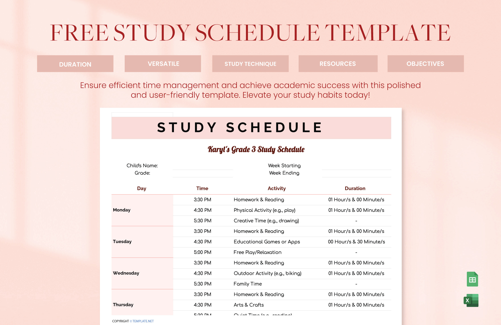 Free Study Plan Templates For Google Sheets And Microsoft Excel
