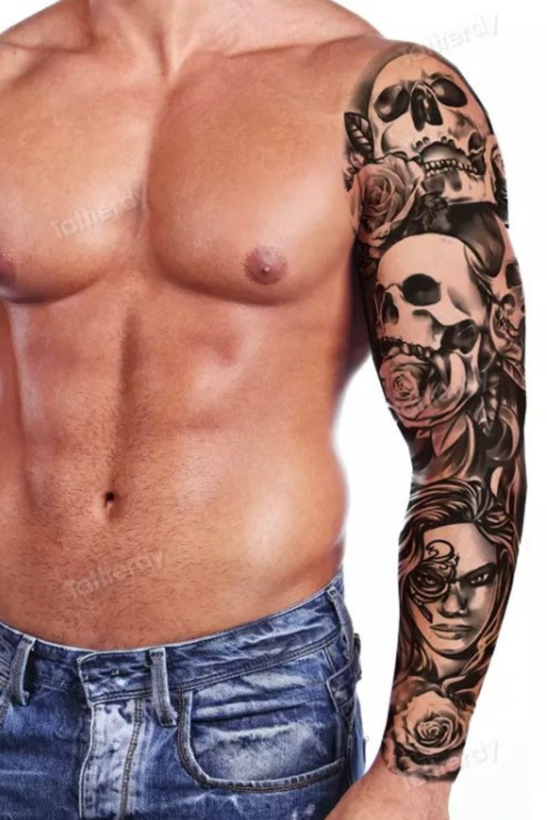 Full Sleeve Black Skull Wolf Temporary Tattoo Realistic Etsy