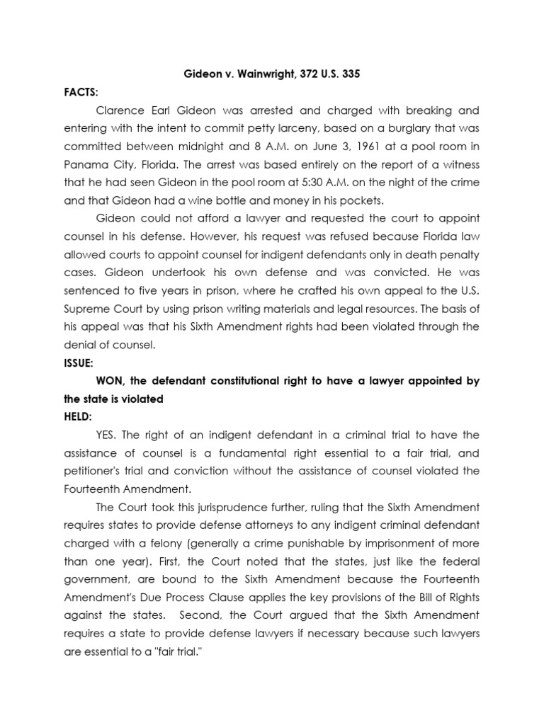 Gideon V Wainwright 372 U S 335 1963 Case Brief Pdf
