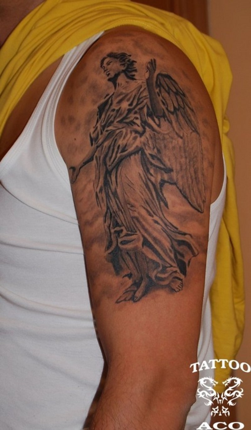Guardian Angel With Shield Tattoo On Shoulder Tattoo Ideas