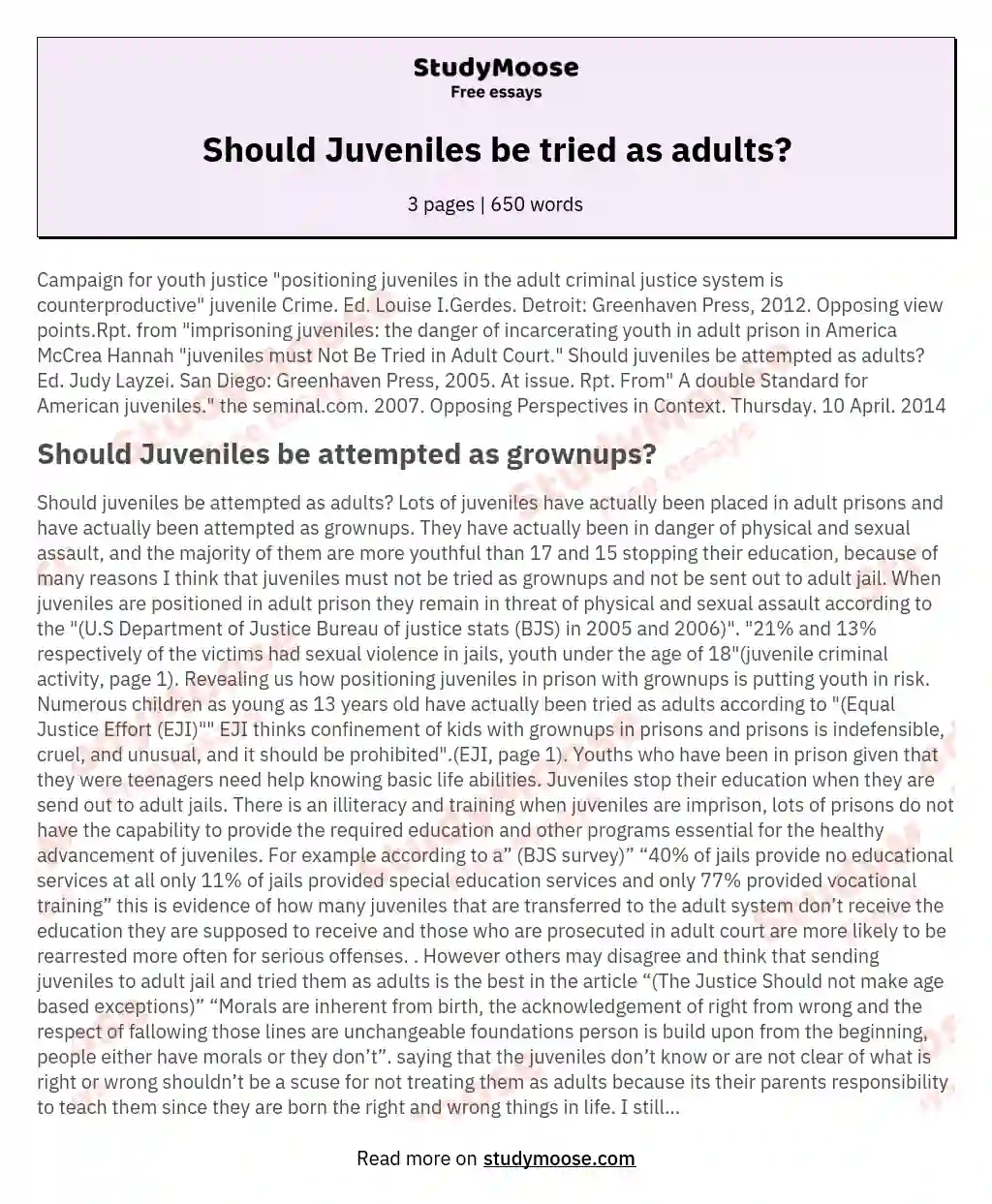 Juveniles Tried As Adults In Court Free Essay Example 1197 Words