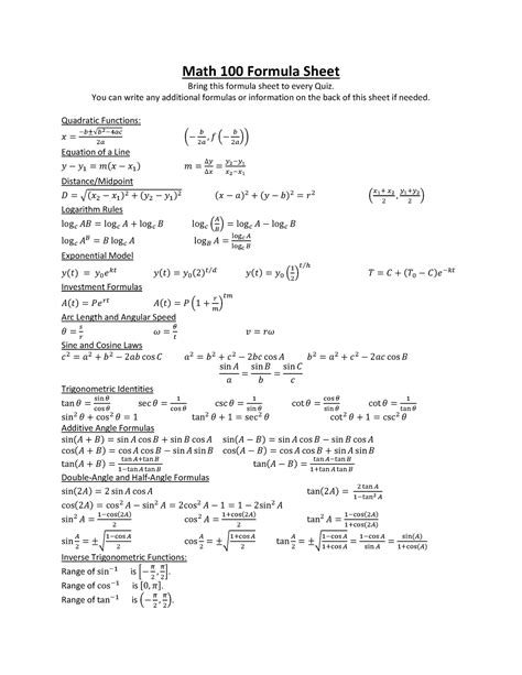 Math 100 Formula Sheet Math 100 Formula Sheet