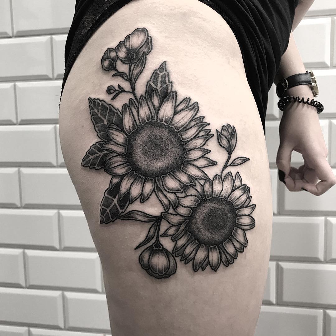 My Own Creation Of Sunflowers Sunflower Tattoo Thigh Thigh Tattoos