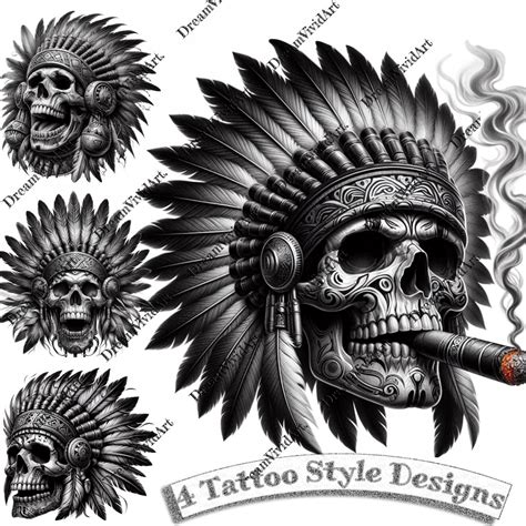 Native American Skull Tattoo Design Digital Clipart Aztec Skull Clip