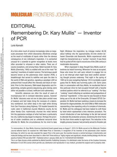 Pdf Editorial Remembering Dr Kary Mullis Inventor Of Pcr
