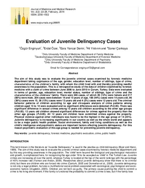 Pdf Evaluation Of Juvenile Delinquency Cases