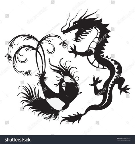 Phoenix Bird And Dragon Silhouette Of Phoenix Bird And Dragon Symbol