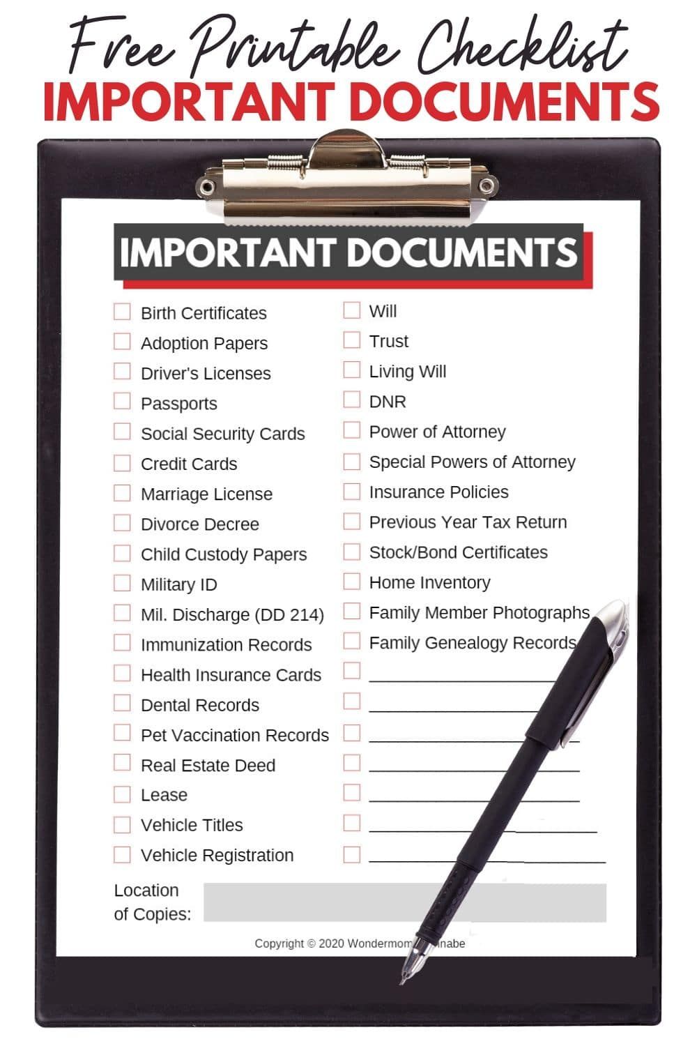 Printable List Of Important Documents