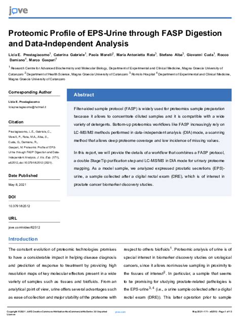 Proteomic Profile Of Eps Urine Through Fasp Digestion And Data Proteomic Profile Of Eps Urine Through Fasp Digestion And Data