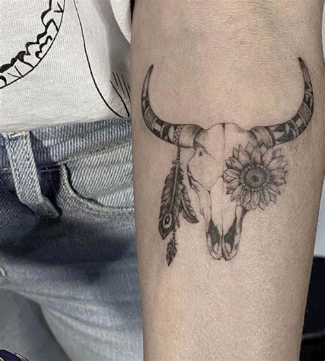 Realistic Feather Sunflower And Longhorn Skull Tattoo Bull Skull Realistic Feather Sunflower And Longhorn Skull Tattoo Bull Skull