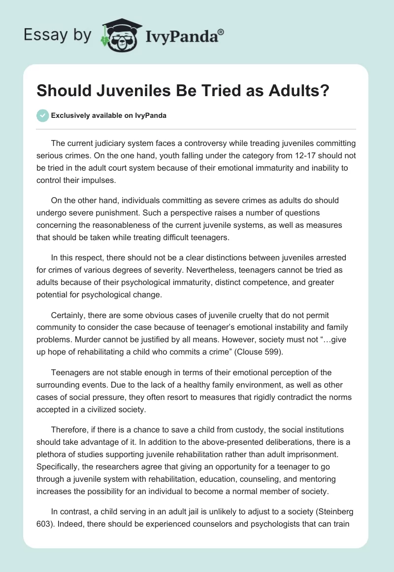 Should Juveniles Be Tried As Adults Essays Pdf