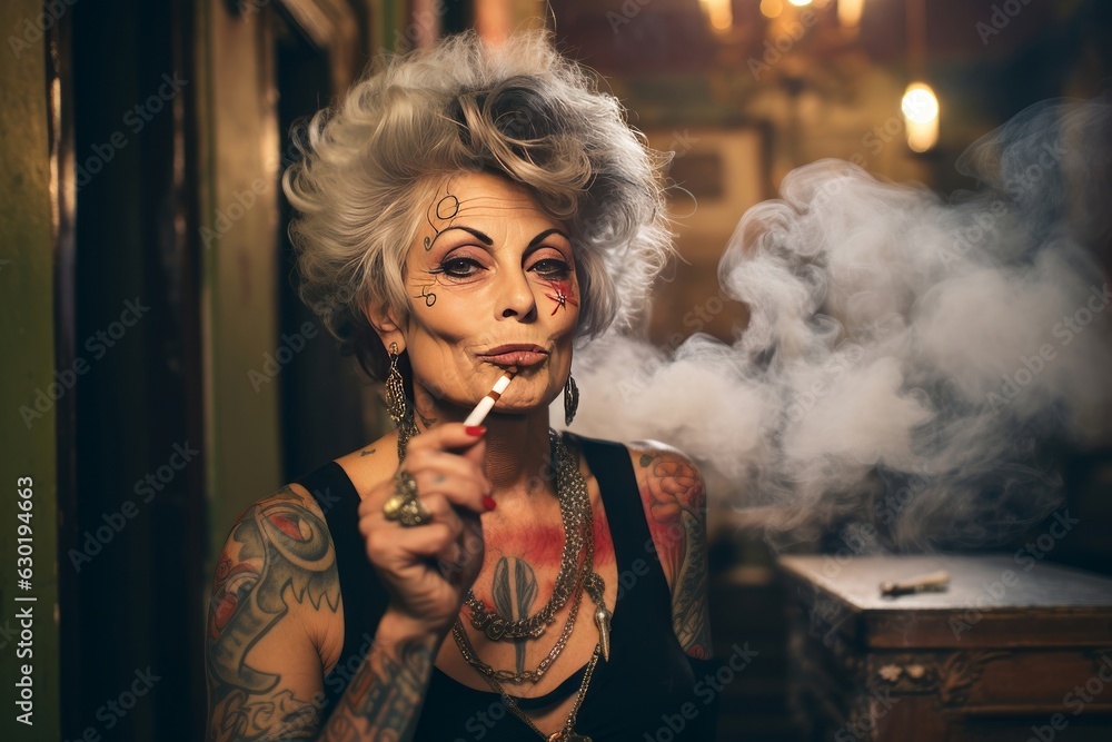 Smiling Old Tattooed Fashion Woman With Bold Hair Smoking A Cigarette