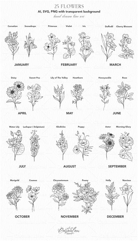 The Birth Month Flowers Are Shown In Black And White With Different