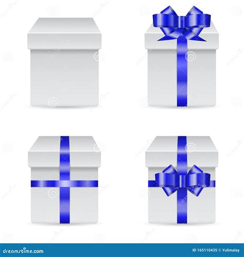 Vector Set Of Holiday Boxes With Blue Bows And Ribbons For Greeting