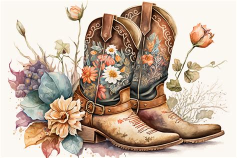 Western Boots With Flowers Watercolor 2 Graphic By 1Xmerch Creative