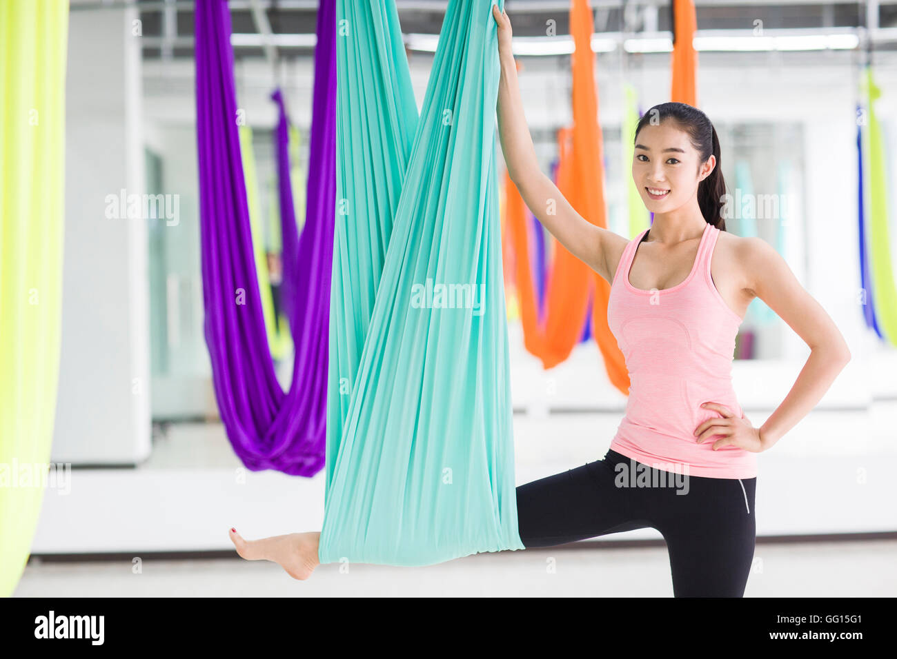 Young Chinese Woman Practicing Aerial Yoga Stock Photo Alamy